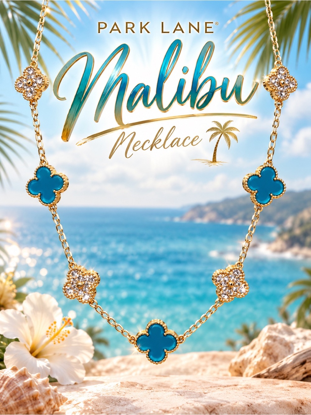 Park Lane Womens Malibu Necklace Gold Blue Clover Crystal Statement Necklace NWT